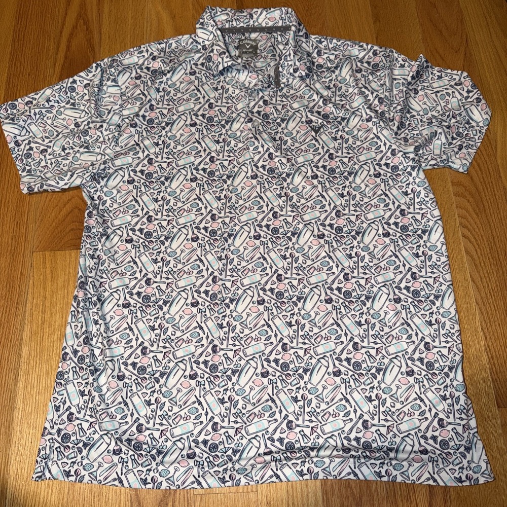 Callaway Mens L Tropical Cocktail Print Golf Polo Shirt Multicolor Opti-Dri
